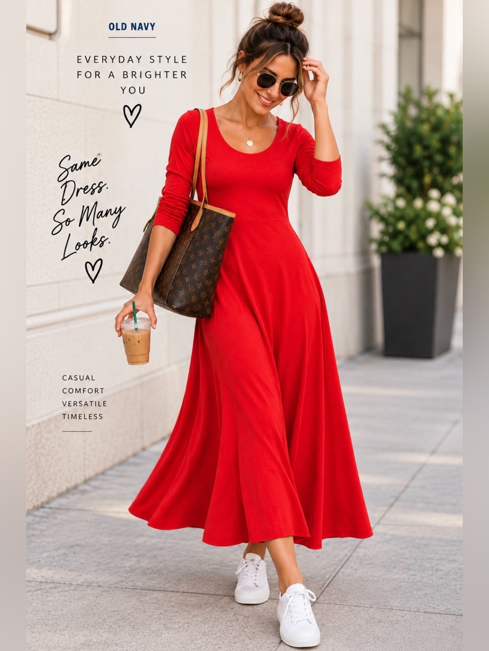 Old Navy Red Maxi Dress -Long-Sleeve Scoop Neck